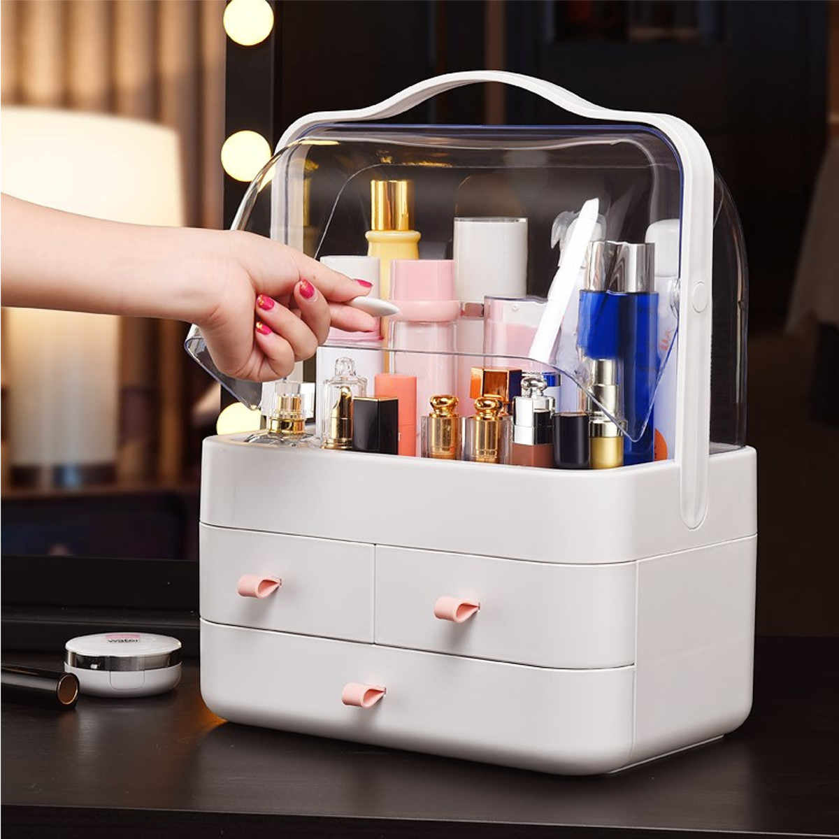 Luxury Rotating Makeup Organizer Box – Dustproof Cosmetic Storage for Dressing Table