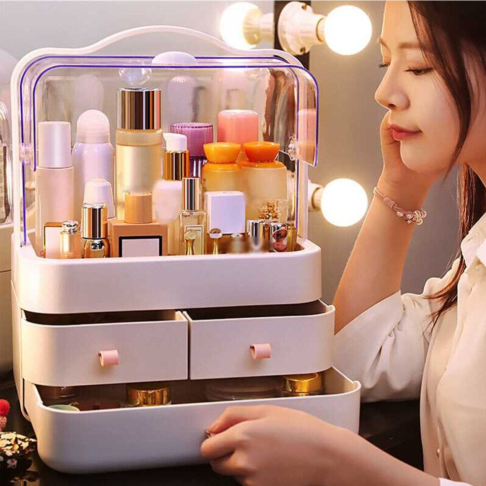 Luxury Rotating Makeup Organizer Box – Dustproof Cosmetic Storage for Dressing Table