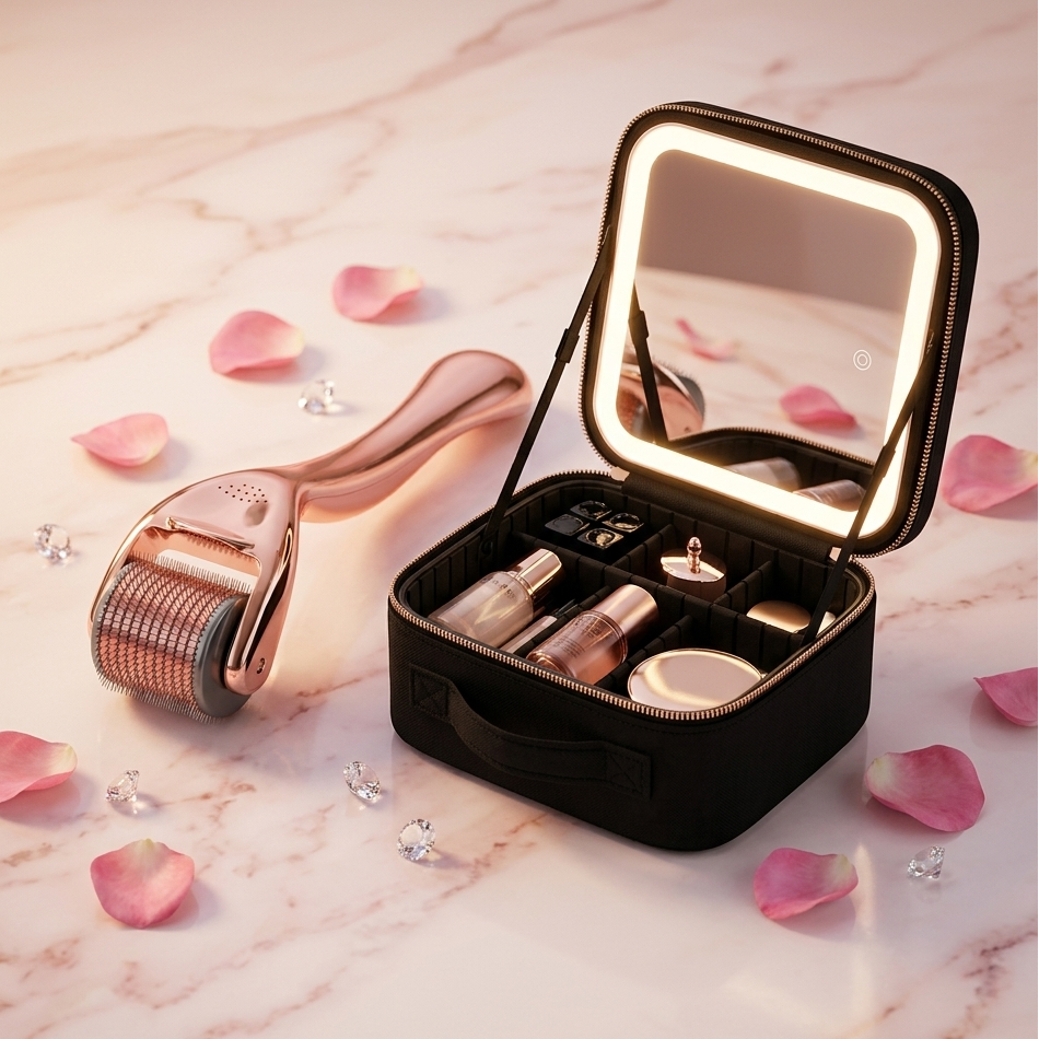 Glow Kit — Derma Roller + LED Mirror Makeup Bag