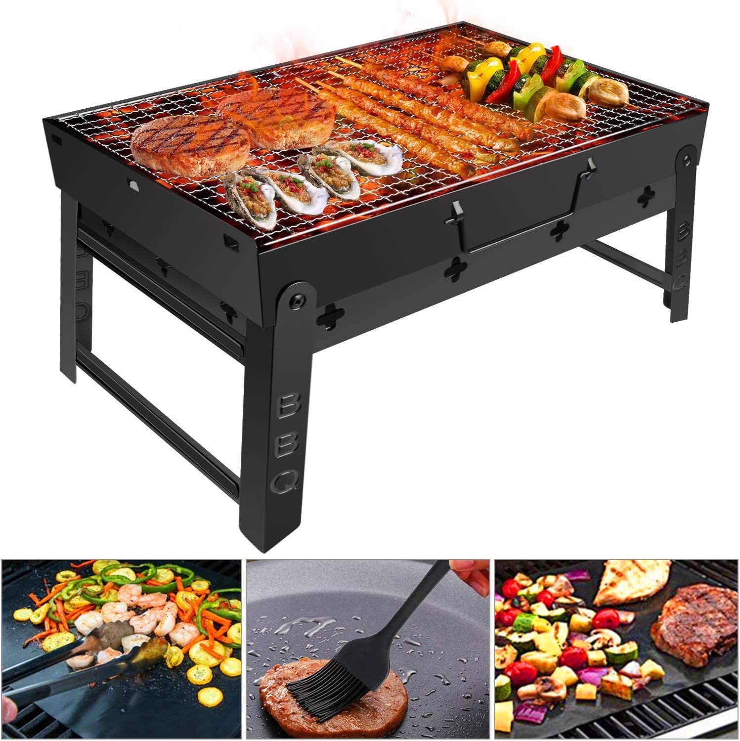 Stainless steel BBQ grill grilling chicken kabab