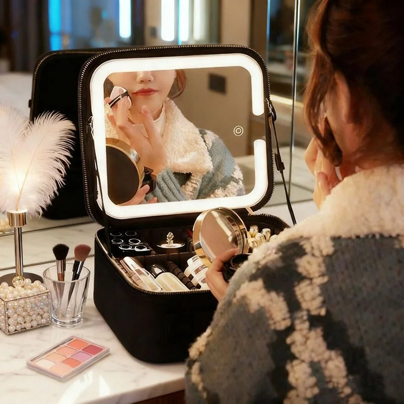 Makeup bag open showing LED vanity mirror inside