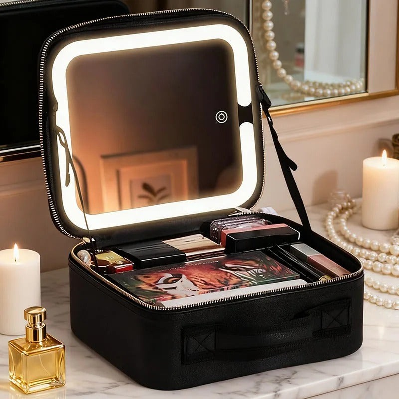 Lighted makeup bag spacious interior compartments