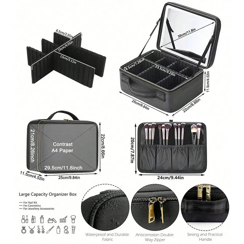 Travel makeup bag with mirror USB rechargeable light