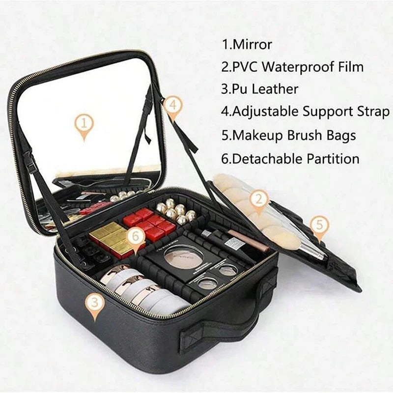 LED makeup bag all contents laid out organised