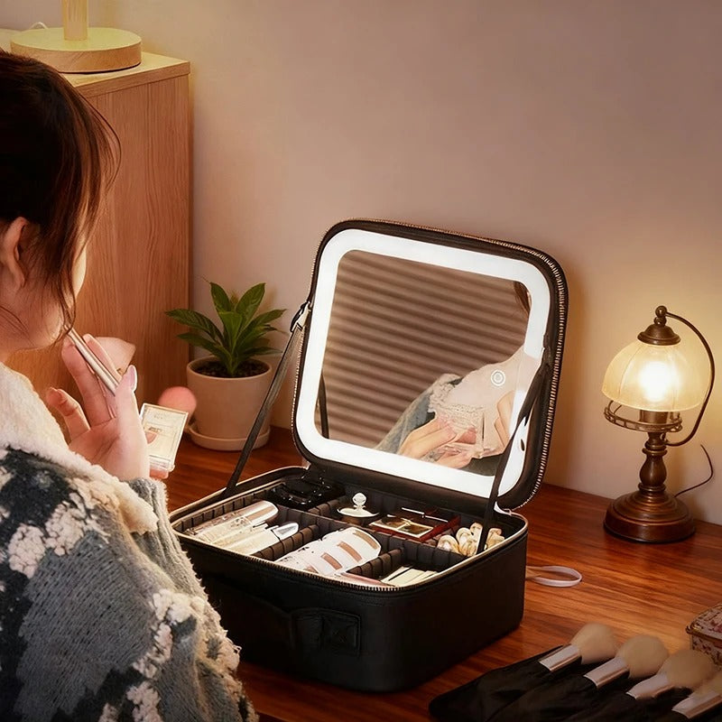 Lighted makeup travel bag premium vegan leather exterior